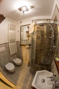 莱切维蒂19号酒店的带淋浴、卫生间和盥洗盆的浴室