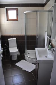 普里什蒂纳普瑞玛酒店的浴室配有卫生间、淋浴和盥洗盆。