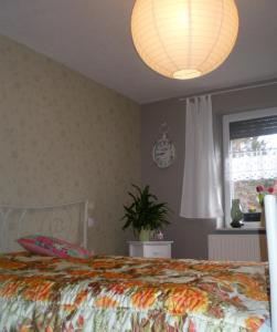 卢瑟斯塔德艾斯莱本Ferienhaus Hofmann的一间卧室配有一张床和一盏灯