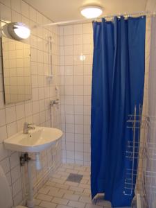 斯塔德伊斯塔德露营地的浴室设有蓝色的浴帘和水槽