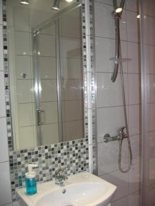 琴斯托霍瓦Studio Aleja 77的浴室配有盥洗盆和带镜子的淋浴