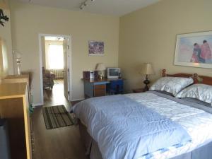 Burns LakeBurns Lake Bed and Breakfast的一间卧室配有一张床和一张书桌及电视