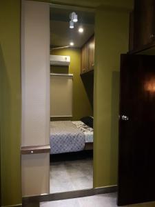 门格洛尔Belen - Service Apartment的一间小卧室,卧室内配有一张床铺,卧室拥有绿色的墙壁