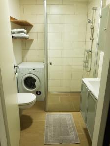 PinsdorfFerienwohnung的一间带洗衣机和卫生间的浴室