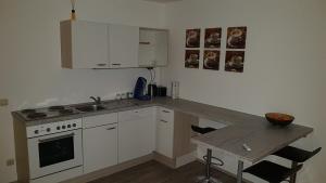 PinsdorfFerienwohnung的厨房配有柜台、水槽和炉灶。