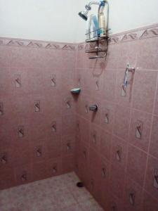 马塔加尔帕Homestay Matagalpa的带淋浴的浴室(铺有粉红色瓷砖)