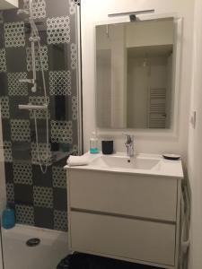 杜瓦讷内Appartement Design IV - Port du Rosmeur - Douarnenez的浴室配有盥洗盆和带镜子的淋浴