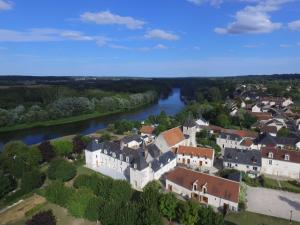 Mareuil-sur-CherLes Pres Verts的河流旁城镇的空中景观