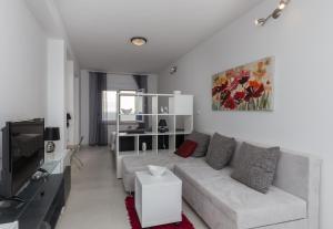 杜布罗夫尼克Apartments Luna的带沙发和电视的白色客厅