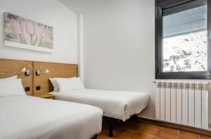 索尔德乌Apartamentos Prat de les Molleres的带窗户的客房内的两张床