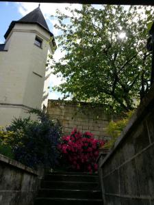 蒙索罗le prieuré的通往粉红色花朵的建筑的楼梯