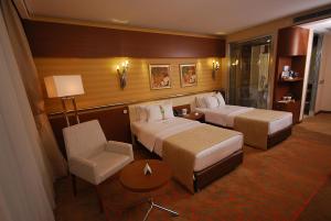 安卡拉安卡拉城市假日酒店的酒店客房,配有两张床和椅子