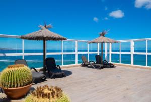 大加那利岛拉斯帕尔马斯和蔼酒店的一个带椅子和遮阳伞的甲板和仙人掌