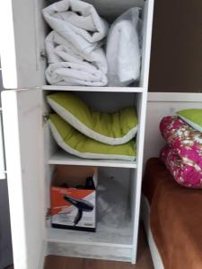 巴库里阿尼EP Apartment in Mgzavrebi Bakuriani的白色的橱柜,里面装有毛巾和盒子