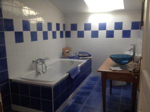圣艾米隆B&B Château Pierre de Lune的蓝色和白色的浴室设有浴缸和水槽