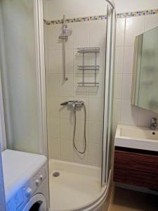 瓦尔米耶拉Kaktuss Apartamenti的浴室里设有玻璃门淋浴