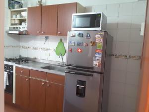 卡利Apartment Riberas的厨房配有冰箱,上面配有微波炉