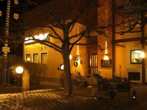 兰根布鲁克盖斯特豪弗弗尔池酒店的夜间在大楼前的长凳