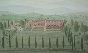 蒙特法尔科Villa Santa Barbara的一座大建筑的画作,在一片树木繁茂的田野上