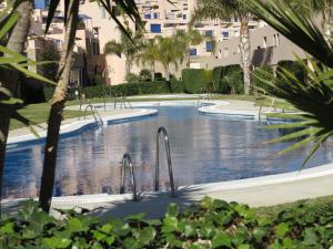 莫哈卡尔Penthouse "Art4you"的一座拥有树木和建筑的度假村内的游泳池