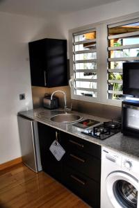 珀蒂蒂勒Chez Les Filles - Bungalodge的厨房配有水槽和洗衣机