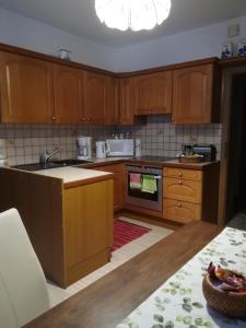 拉基兴玛丽亚公寓的厨房配有木制橱柜和台面