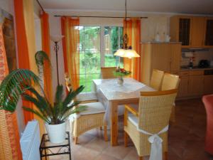 奥尔巴赫Ferienhaus Vogtlandresidenz的厨房以及带桌子和植物的用餐室