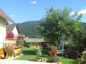 博登斯多夫Ferienwohnung Stichauner的享有带鲜花庭院的房屋美景