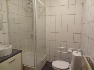 奥斯坦德奥策洛特酒店的带淋浴、卫生间和盥洗盆的浴室