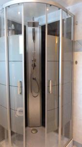 旺特龙Chalet Notre Retraite的带淋浴的浴室,带玻璃门