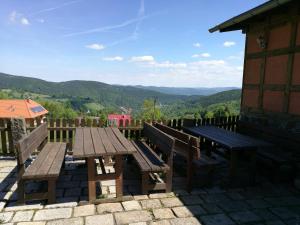 亚希莫夫Restaurant Pension-Anton的美景天井上的野餐桌和长凳