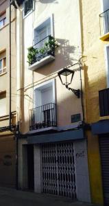 萨拉戈萨AZ El Balcón de Aguadores - parking gratuito的一座建筑,设有两个阳台和两个植物窗户
