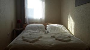 布达佩斯Aden Apartment free parking的卧室内的一张带三个枕头的床