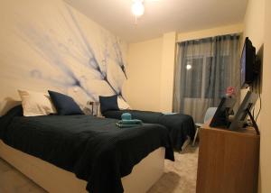米哈斯科斯塔Rancho Miraflores, apartment near Malaga and Marbella, great views的一间卧室配有两张床和一台平面电视