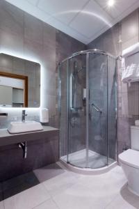 塞维利亚格洛丽亚公寓的带淋浴、卫生间和盥洗盆的浴室