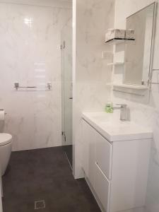 GlenwoodEdwin Place Apartment的浴室配有卫生间、盥洗盆和淋浴。
