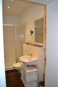 吕格德Ferienwohnung Holland 5a的一间带水槽、卫生间和镜子的浴室