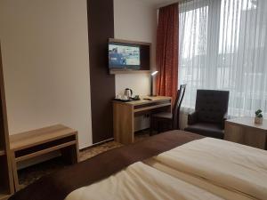 巴德茨维什安帕克住宿加早餐旅馆的酒店客房配有一张床、一张书桌和一台电视。