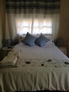 比勒陀利亚MulMas Guest House的一间卧室配有白色床和蓝色枕头