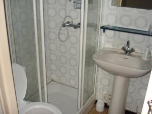 Saint-Blancard莱勒兹城堡酒店的带淋浴、盥洗盆和卫生间的浴室