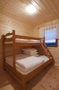 达尔沃沃Delfinek的配有窗户的小木屋内的双层床