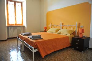 马罗内Appartamento Al Ponte的一间卧室配有一张带橙色毯子的大床