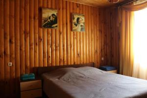 斯维季亚济Hotel-complex Mizh Triokh Ozer的一间卧室设有木墙、一张床和墙上的照片