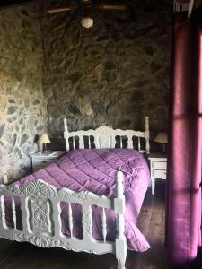 米纳斯San Francisco De Las Sierras的卧室配有一张石墙内的紫色床