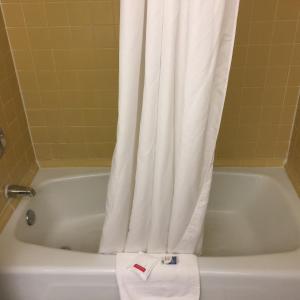 米斯蒂克Mystic River Hotel & Suites的浴室配有带浴帘的白色浴缸