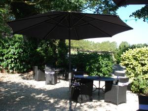 Saint-Blancard莱勒兹城堡酒店的一张桌子和椅子旁的黑伞