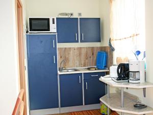 滨湖克拉科Holiday Home Goetheallee by Interhome的厨房配有蓝色橱柜和微波炉