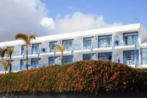 卡门港火山海岸水疗公寓式酒店的一座白色的建筑,种植了棕榈树和鲜花