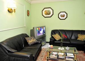 巴绍里阿丽兹旅馆的客厅配有2张黑色真皮沙发和电视