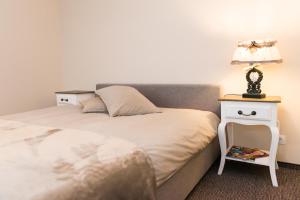 采西斯Cozy apartment in Cesis的一间卧室配有一张床和一个带灯的床头柜